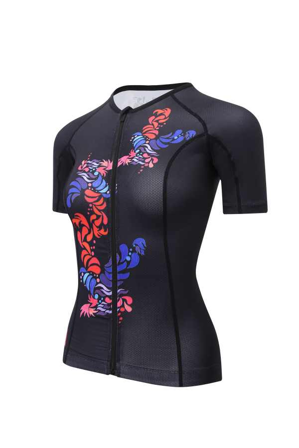 Black Flower Short Sleeve Triathlon Top