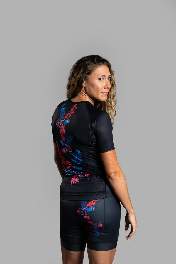 Black Flower Short Sleeve Triathlon Top