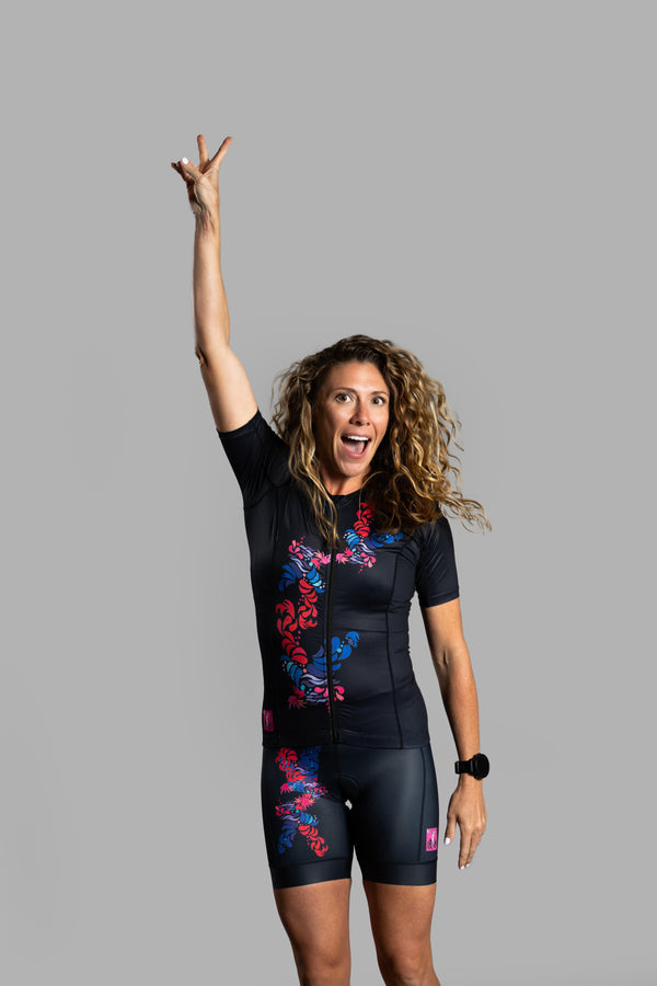 Black Flower Short Sleeve Triathlon Top