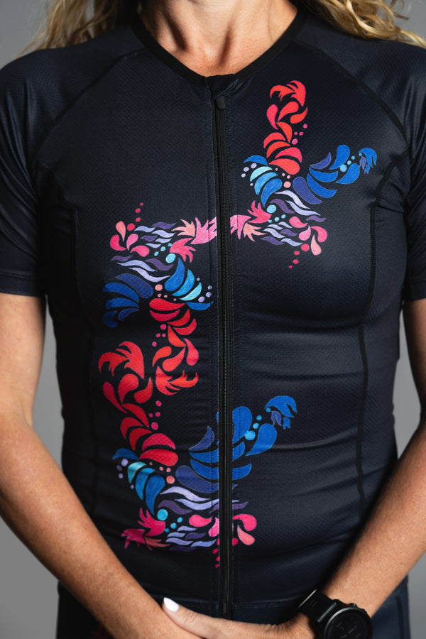 Black Flower Short Sleeve Triathlon Top
