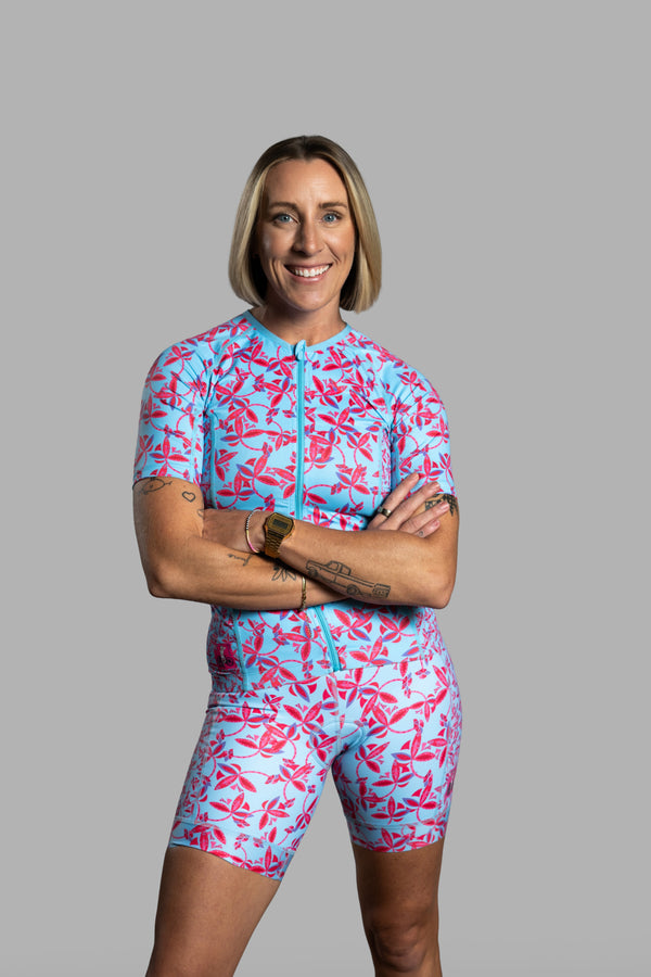 Blue Flower Short Sleeve Triathlon Top