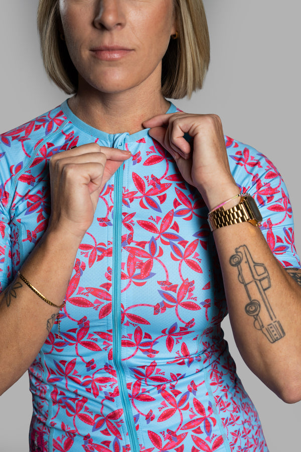 Blue Flower Short Sleeve Triathlon Top