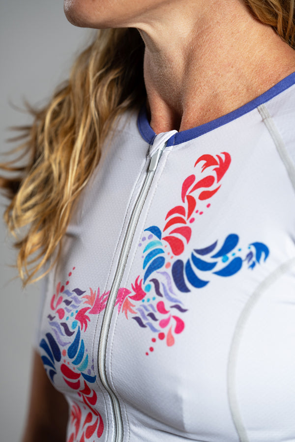 White Flower Short Sleeve Triathlon Top